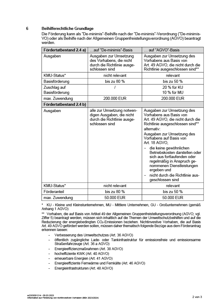 Tabelle Vergleich beihilferechtliche Grundlage auf De-minimis-Basis und auf AGVO-Basis