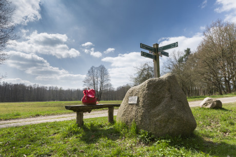 Foto von Wanderrucksack auf Bank mit Hinweisschildern