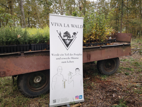 Foto von Roll-Up &quot;Infos zu Viva La Wald&quot; vor Pflanzanhänger im Wald
