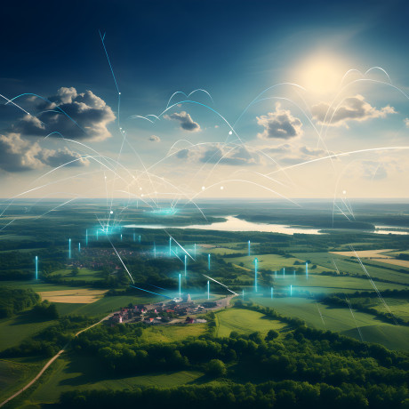 KI Landpartie: Dorf aus Vogelperspektive mit sichtbaren Datenverbindungen