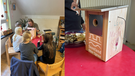 Kindergartenkinder bauen und bemalen ein Vogelhaus