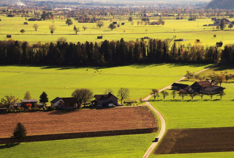 Blick auf Felder, Straße und Häuser im ländlichen Raum