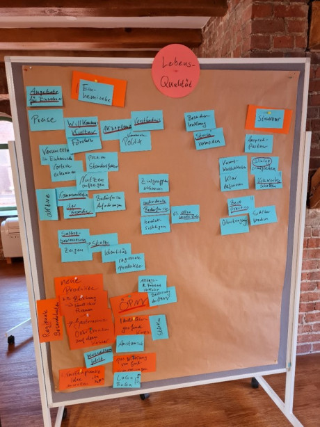 Karten mit touristischen Begriffen an einer Pinnwand