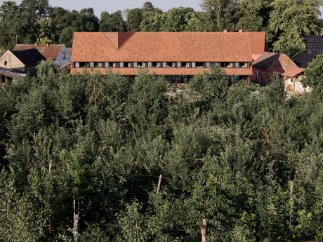 Waldgarten vor dem Hotelgebäude der Michelberger Farm