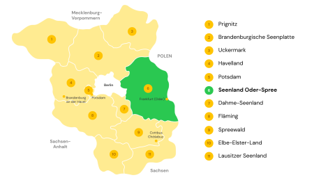 Reisegebiet Seenland Oder-Spree auf einer Karte Brandenburgs