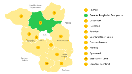 Reisegebiet Brandenburgische Seenplatte auf einer Karte Brandenburgs
