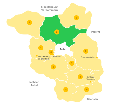 Reisegebiet Brandenburgische Seenplatte auf einer Karte Brandenburgs