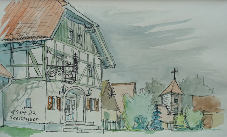 Illustration des Huberhofs gezeichnet von Stefanie Turzer