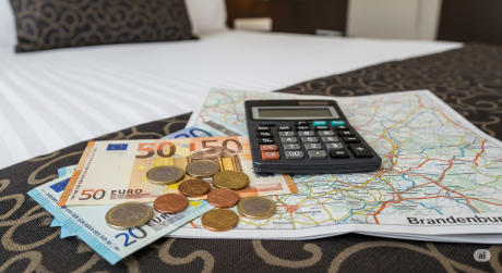 Taschenrechner liegt auf einer Landkarte neben ein paar Euro-Scheinen und - Münzen auf einem Hotelbett