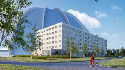 3D-Modell des geplanten modularen Hotels an der Ostseite der Tropical Islands Halle