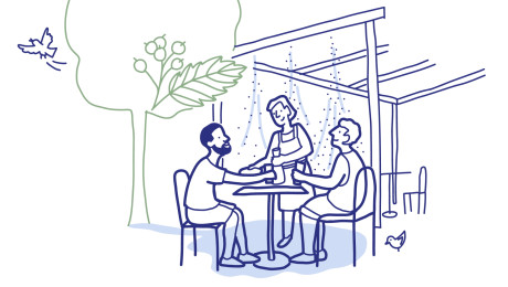 Gezeichnete Illustration von Urlaubern auf einer Restaurant Terrasse