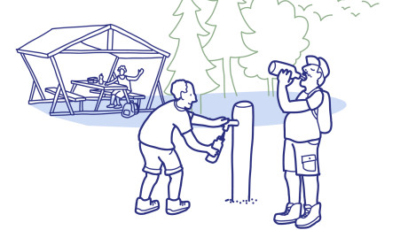 Gezeichnete Illustration von Wanderern, die sich an einer Trinkwasserquelle erfrischen