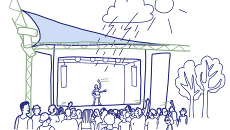 Gezeichnete Illustration von Besuchenden vor einer Festivalbühne