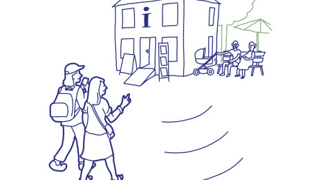 Gäste besuchen eine Tourist-Information, gezeichnete Illustration