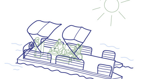 Gezeichnete Illustration eines Ausflugsbootes mit Urlaubern