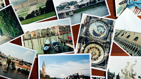 Ansichtskarten verschiedener Orte symbolisiert Tourismus in Europa