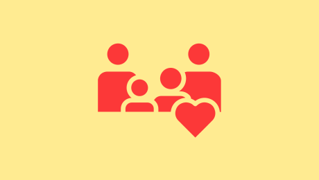 Grafik zwei Erwachsene zwei Kinder in rot auf gelbem Hintergrund