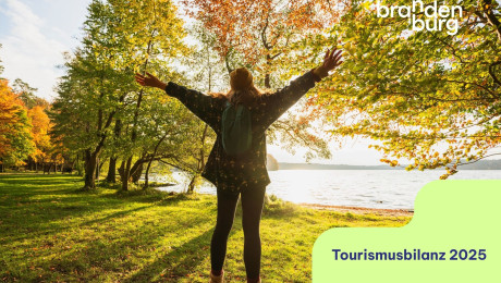 Frau steht auf einem Baumstumpf am See mit herbstlich gefärbten Bäumen