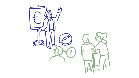 Grafik zeigt Person die einem Publikum Förderung erklärt