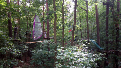 Besuchende balancieren auf Seilen und Emporen des Kletterparks Grünheide