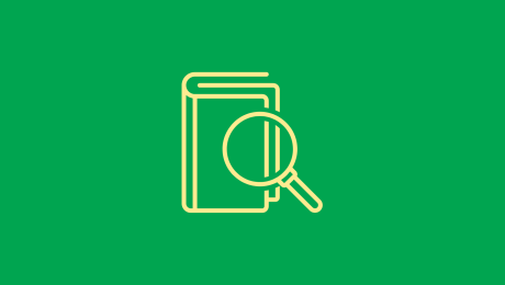 Grafik Buch und Lupe auf grünem Grund