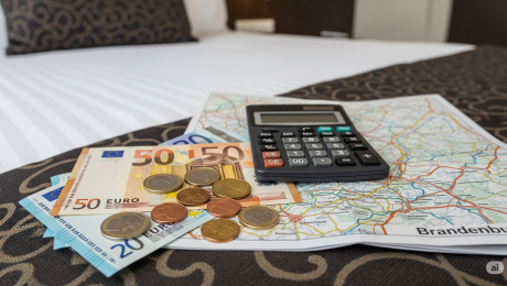 Taschenrechner liegt auf einer Landkarte neben ein paar Euro-Scheinen und - Münzen auf einem Hotelbett