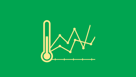 Illustration von Thermometer und ansteigender Temperaturlinien auf grünem Hintergrund