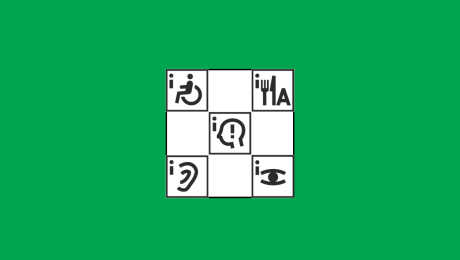 Fünf Kennzeichen für Barrierefreiheit auf grünem Grund