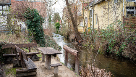 Herbst/Winterstimmung in Buckow mit Holzbänken am Wasser
